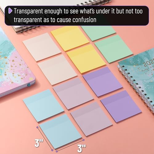 Mr. Pen- Transparent Sticky Notes, 3" x 3", 12 Pads, 600 Sheets | See Through Self-Adhesive Notes for Bible Journaling and Studying, Water-Resistant, Easy to Peel, Clean Removal