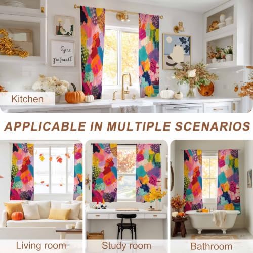 Colorful Art Sheer Curtains 63 Inch Length 2 Panels for Living Room, Geometric Modern Abstract Oil Painting Voile Kitchen Curtain Set, Luxury Privacy Drapes Window Treatment for Bedroom