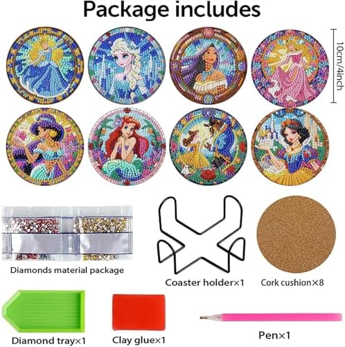 8 Pcs Cartoon Diamond Art Coasters Kits with Holder, Cute Cartoon Diamond Painting Coasters Kits for Adults, Full Drill Gem Art Coaster Crafts Kit for Adults Beginners Home Table Decor Holiday Gifts