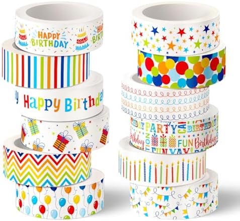 AnyDesign 12 Rolls Happy Birthday Washi Tape Masking Tape Set Colorful Candle Balloon Banner Decorative Wrapping Paper Tapes for Scrapbook Journal DIY Art Crafts