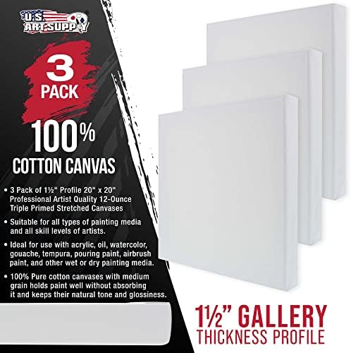 U.S. Art Supply 20"x20" Stretched Canvas for Painting, Gallery Depth 3-Pack | Large, 1-1/2" Thick - 12oz Acrylic Gesso Triple Primed, Professional Artist Quality, 100% Cotton - Oil, Pouring Paint