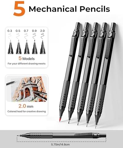 STAGEEK 20Pcs Black Metal Mechanical Pencil Set with Leather Case | 5PCS Art Drafting Pencils, 0.3, 0.5, 0.7, 0.9, 2.0MM Drawing Pencils, 9 Tube (4B 2B HB 2H Colors) Lead Refills, Erasers