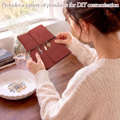 Eaasty A5 Journal Notebook and DIY Charm Kit Refillable Trifold Notebook Cover with 3 Blank Lined Grid Insert 2 Card Slots 24 Styles Journal Charms Lobster Clasps for Writing Travelers Jewelry Making