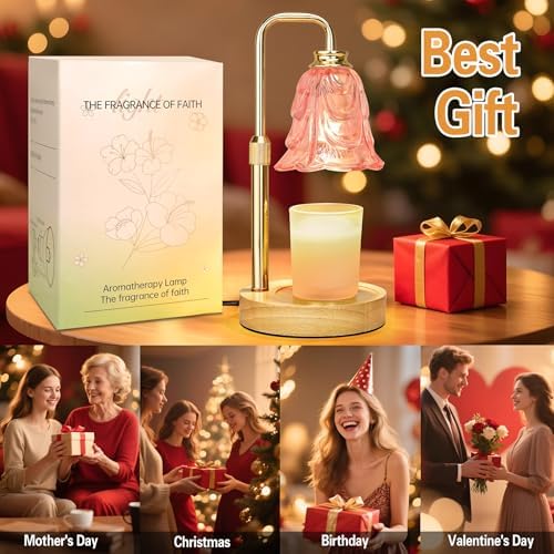 XJZJY Pink Flower Candle Warmer Lamp with Timer, Birthday Gifts for Women | Dimmable wax melt warmer with 2 bulbs for jar candles, height adjustable, pink tulip design, home decor, housewarming gifts