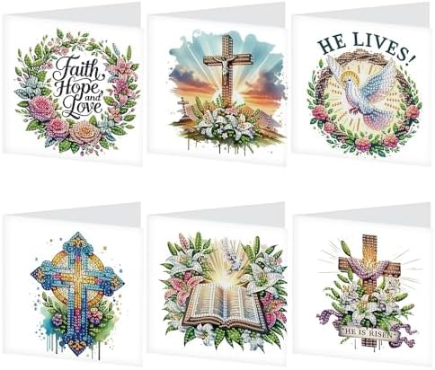 AiYuanzsh 6 Pack Diamond Art Greeting Cards with Envelopes, Religious Diamond Painting Cards Kit, DIY 5D Diamond Art Cards Set, Cross Bible Dove Designs for Christmas, Birthday, Holiday