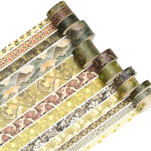 12 Rolls Kyoto Charm Washi Tape Set Japanese Arts Adhesive Tapes Geometric Garden Decorative Masking Tape Sets for Craft, Kids, Scrapbook, DIY, Gift Wrapping (Green Song)