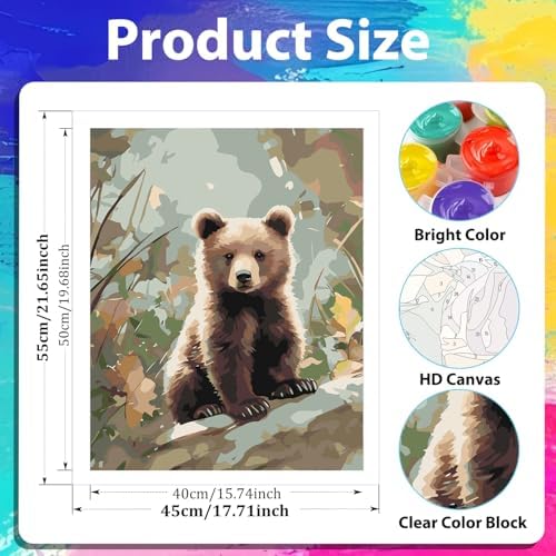 xcemhil Bear Paint by Numbers Kit for Adults, Paint by Number Animals, Bear Paint by Numbers Kit for Adults Beginner for Gift and Home Wall Decor 16x20 Inch