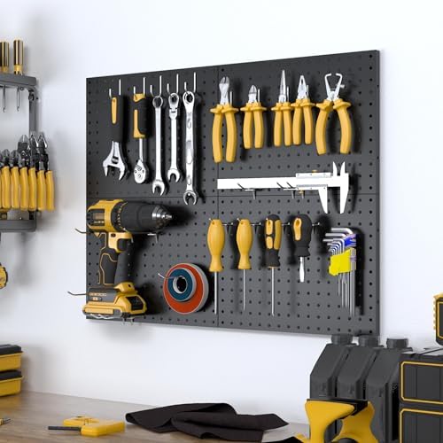 Spampur Peg Board, 4 Pack Metal Pegboard Panels with 50 Hooks, Black Pegboards Wall Organizer, Heavy Duty Peg Board for Walls Home, Garage Tool Storage, Office Organization, Craft Room, Kitchen