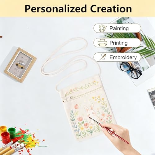 6Pcs 13x17cm Blank Canvas Crossbody Bag,Bulk Mini Zipper Shoulder Bags,Cloth Fabric Bags Painting Bags for DIY Craft