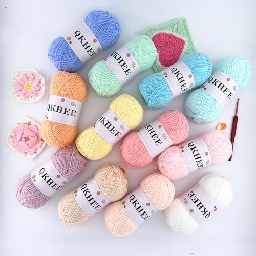 QKHEEYarn for Crocheting and Knitting 12 * 1.76 Oz (50G) /195yd,Fine/Fingering Weight (1), 60% Cotton 40% Acrylic Soft Yarn kit for Making Granny Squares and amigurumi (Honey)