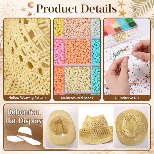 Twistover DIY Cowgirl Hat Craft Set with Beaded Make Your Own Bohemian Coastal Beach Straw Hat for Women Bachelorette Party