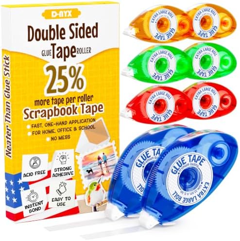 D-NYX 8 Pack Double Sided Tape Roller, Scrapbook Supplies, Glue Tape Roller for Crafts, School Office Journaling Supplies, Double-Sided Permanent Adhesive Tape Runner for Scrapbooking
