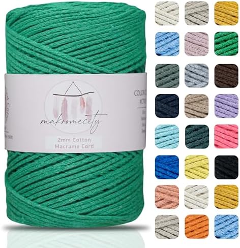 Makromecity, Cotton Macrame Cord 2mm x 195 Yards (590 feet) 2mm Recycled Cotton Crochet Yarn for Macrame Art & Crafts for Wall Hangings, Bags, Underplate, Rug (25 Colors Available) (Benetton Green)
