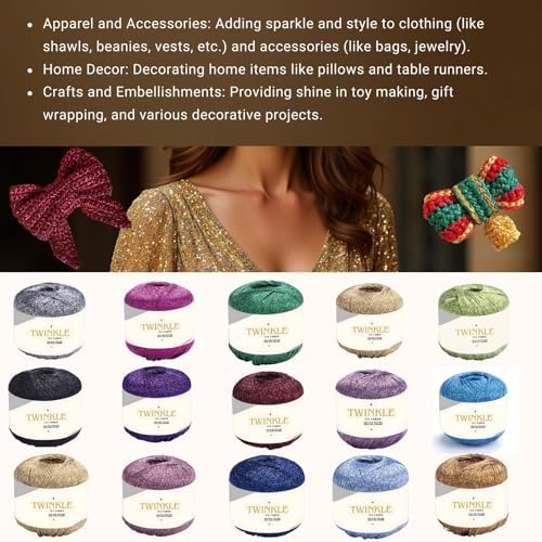 Twinkle Metallic Glitter Yarn Sparkle Fine 1 Light fingering weight worsted gold silver for Crochet Knitting, 25g 0.88oz, 175 yard Soft Craft Shawls Cardigans Bags Sparkly Lurex Silver 918