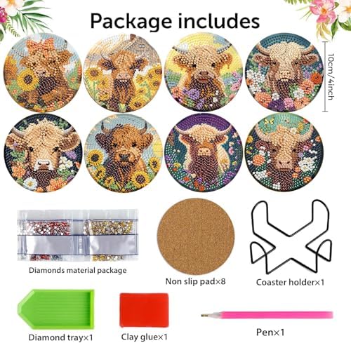 Diamond Art Coasters Kit,8 Pcs Highland Cow Diamond Painting Coasters Kit