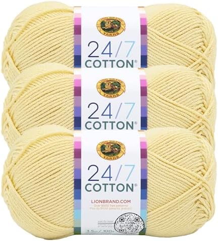 Lion Brand Yarn, 24/7 Cotton Yarn, Buttercream, Yellow, 3 Pack
