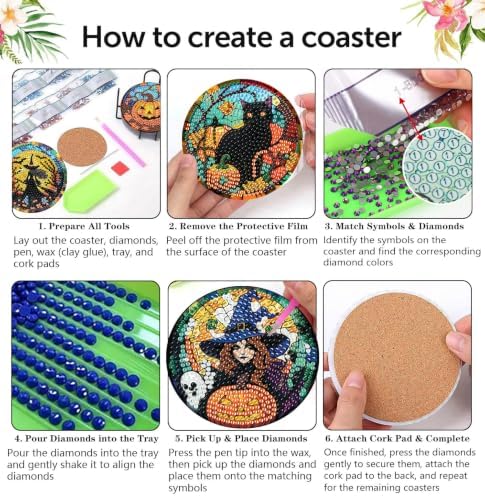 Halloween Diamond Art Coasters Kit, 8 Pieces Diamond Painting Coasters Kit