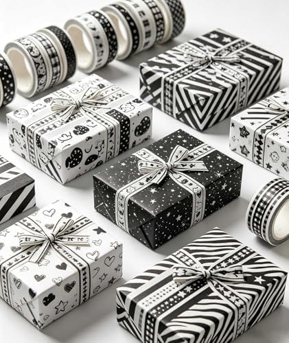 Vintage Thin Washi Tape, 7mm Narrow Decorative Tape for Journaling Planner Border Detailing，Bullet Journal, Minimalist Black White Fine Line Skinny Masking Tape for DIY Crafts Scrapbooking (20 Rolls)