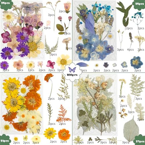 204 Pcs Dried Pressed Flowers for Resin Crafts, Real Natural Pressed Flowers and Leaves Kit Butterfly Stickers Vacuum Sealed Dry Flowers for DIY Epoxy Resin Jewelry Molds, Candle Soap Making, Nail Art