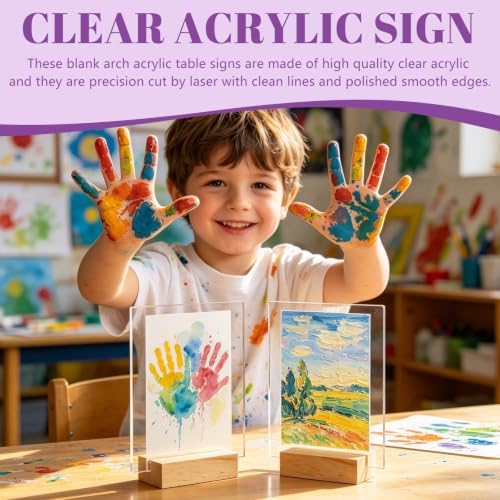 Bercoor 5 Pack 4x6 Inch Blank Clear Acrylic Sign with Wooden Stands, Rectangle Top Acrylic Sheet, DIY Acrylic Rectangle Table Numbers for DIY Name Card Gifts Event Party Sign Decoration