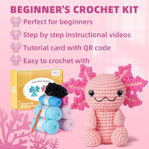 MOREJMTT Crochet Kit for Beginners, Crochet Animal Kits,Crocheting Kit for Starters with Step-by-Step Video Tutorials, Beginner Crochet Kits for Adults (2Pack Axolotl)