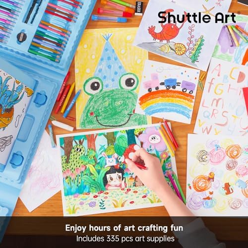 Shuttle Art 335 Piece Kids Art Set, Multi-Media Art Supplies, Gift Art Kit with Trifold Easel, 2 Drawing Pads, 2 Coloring Books, Oil Pastels, Crayons, Watercolors, Markers, Colored Pencils (Blue)