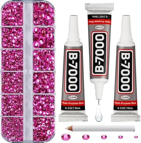 6500Pcs Dark Pink Rhinestones for Bedazzling, Bedazzler Kit with Flatback Craft Rhinestones Bulk and B7000 Glue, 2,3,4,5,6mm Resin Flat Back Crystals for Craftings, Clothes, Nails