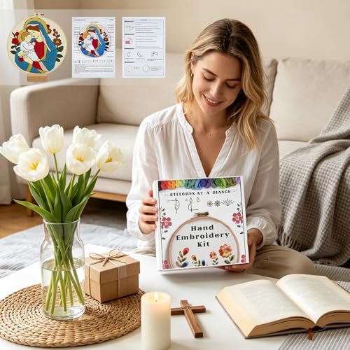Christian Embroidery Kit for Beginners Adults, Virgin Mary Easy Cross Stitch Kit Jesus and The Holy Mother Mary Pattern Embroidery Starter Kits with Wooden Hoop Needles Threads and Instruction