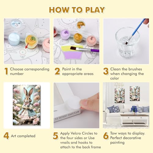 Bowetile Framed Paint by Numbers Easter Kit for Adults, Adults' Paint-by-Number Bunny Kits on Canvas, Painting by Numbers Rabbit, DIY Acrylic Number Painting for Home Wall Decor, 8x12in
