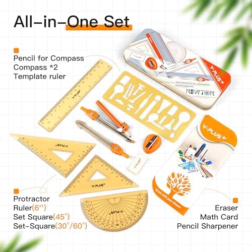 YPLUS Geometry Set, Protractor and Compass Set for Students, 11Pcs | Compass Drawing Tool with Metal Case, Protractor, Formula Card, Rulers, Mechanical Pen, School Supplies for Students