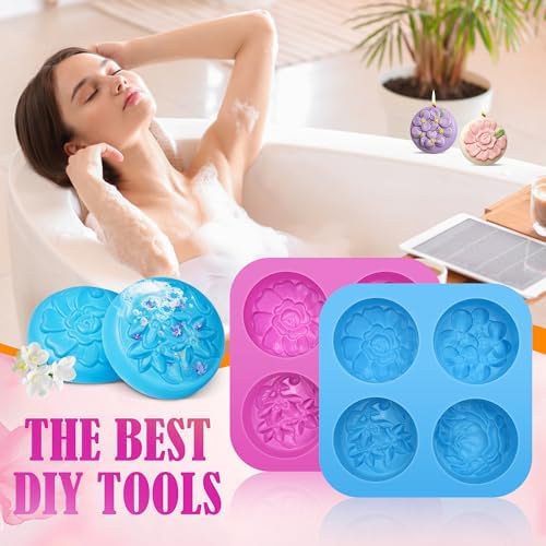 4-Cavities Flower Round Soap Molds 2 Pack Flowers Soap Mold Flower Candle Silicone Molds Flowers Chocolate Mold for Pudding Homemade Craft Wax Baking Ice Cube Tray Jelly