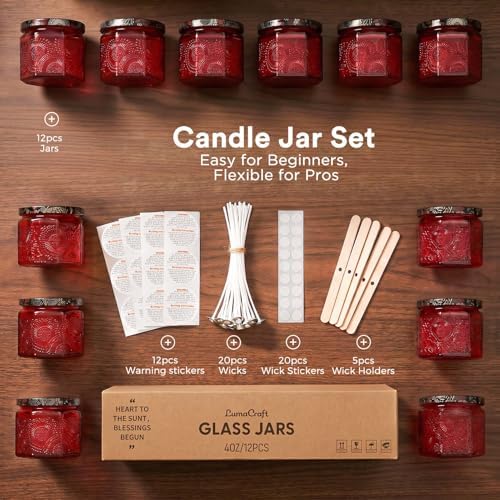 12 Pack 4oz Glass Candle Jars with Lids, Hexagon Embossed Candle Making Containers, Empty Candle Jars with 20 Wicks & Labels for DIY Candle Making, Party Favors, Home Decor