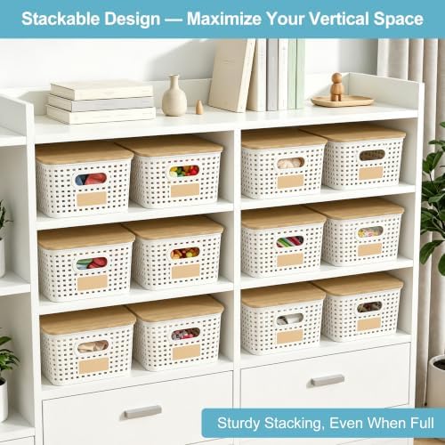 Bagnizer Small Plastic Storage Bins with Bamboo Lids 5.2qt Stackable Box Basket Pantry Decorative Containers Cute with Labels for Organizing Desktop Closet Office Cream White of 6 packs 10*7.2*4.1"