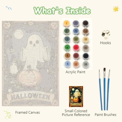 Spandrel Cute Halloween Ghost Paint by Number Kits for Adults, Black Cat Paint by Number Kits on Canvas, DIY Acrylic Oil Halloween Painting by Numbers Gitfs for Home Wall Decor, 8x12in