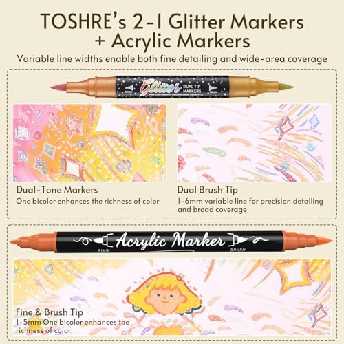 72 Colors 48 Pack Dual Tip Glitter Markers & Acrylic Markers Set-Brush&Fine