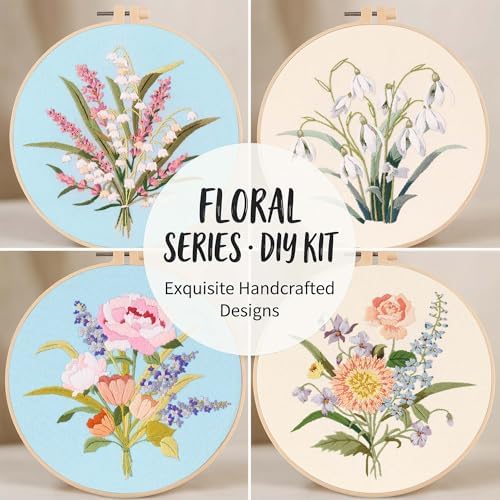 Harimau Adult Beginner Embroidery Starter Kit, Complete Set with 4 Patterns, 2 Hoops, Needles, Scissors, Instruction Guide & Stitching Video Tutorials