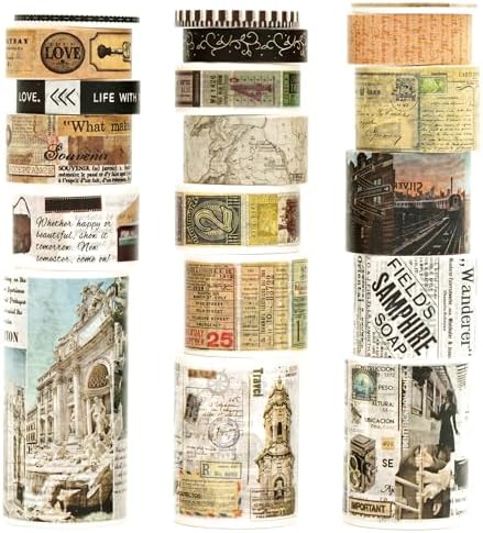 18 Rolls Vintage Washi Tape Pack Retro Arts Adhesive Tapes Wide Monologue Decorative Masking Tape Sets for Craft, Kids, Scrapbook, DIY, Gift Wrapping (Travel the World)