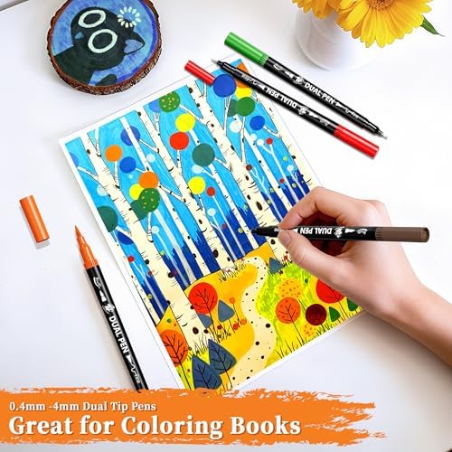 Brush Pens for Adult Coloring Books, 168 Colors Dual Tip Art Markers – Fine Tip for Outlining + Brush Tip for Coloring, Water-Based Non-Bleeding Markers for Journaling, Calligraphy, Hand Lettering