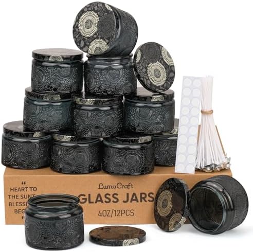 LumaCraft Luxury Embossed Glass Candle Jars for Making Candles - 12 Pack 4oz Empty Candle Containers with Airtight Metal Lids, 20 Wicks & 20 Stickers, Colored Glass Jars for Gifts & Decor