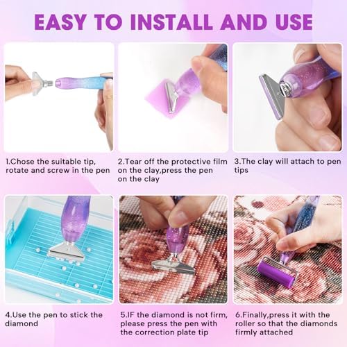 Ergonomic Diamond Painting Art Pen Accessories Kits with 6 Metal Tips, 6 Painting Glue Clay, Roller,Multi Placer Tips for DIY Crafts