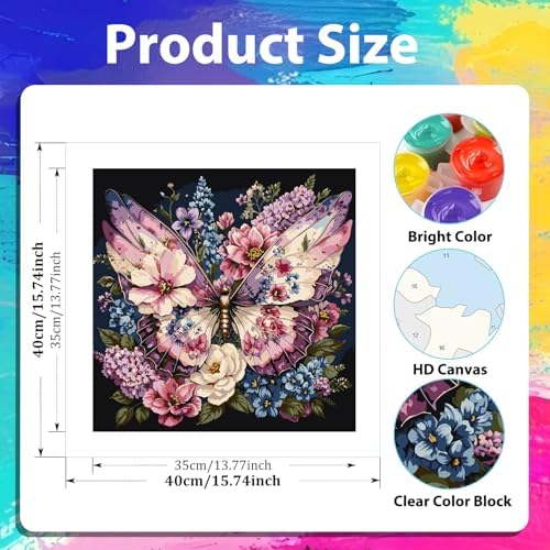 xcemhil Flower Butterfly Paint by Numbers Kit for Adults Beginner, Flower Butterfly Acrylic Paint by Number Kits Suitable for Home Wall Art Decor Gifts 16x16 Inch