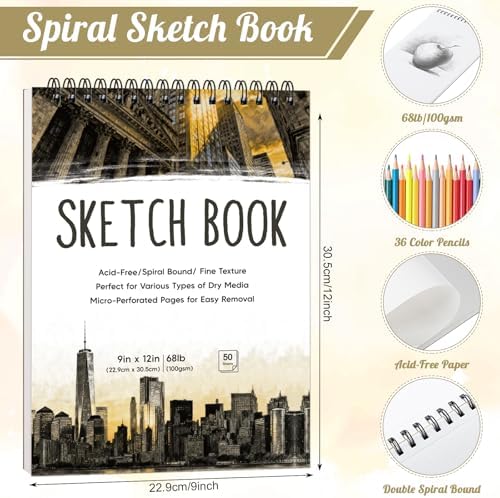 2 Pack Sketch Books for Kids 9 × 12In, 100gsm Drawing Pad with 36 Pencils