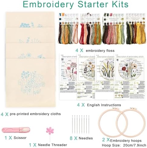 Harimau Adult Beginner Embroidery Starter Kit, Complete Set with 4 Patterns, 2 Hoops, Needles, Scissors, Instruction Guide & Stitching Video Tutorials