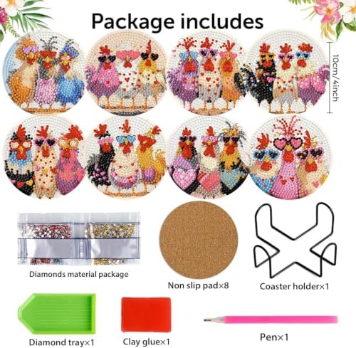 Zythron 8 Pack Diamond Art Coasters,Chicken Diamond Painting Coasters Kits