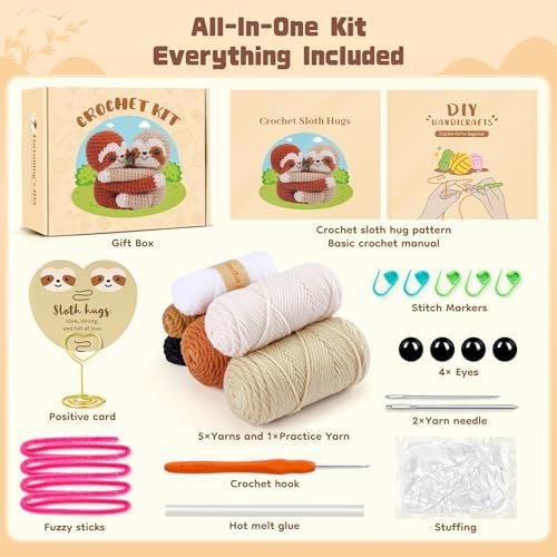 Fortuning's JDS Crochet Kit for Beginners, Hug Sloths Crochet Animal Kit