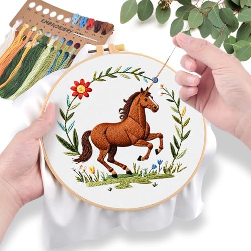 ERKOON Embroidery Kit for Beginners Adult, Cross Stitch Set Include Embroidery Cloth Hoop Threads for Craft Lover Hand Stitch with Embroidery Skill Techniques (Horse)
