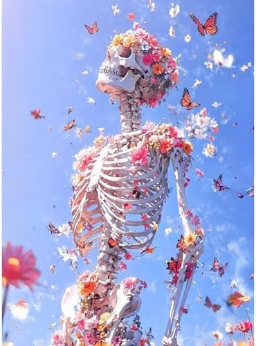 koemhxb Skeleton Paint by Numbers for Adult, Floral Skeleton Art Paint by Numbers Kit for Adults Beginners, DIY Acrylic Painting on Canvas for Home Wall Art Decor 16x20 Inch