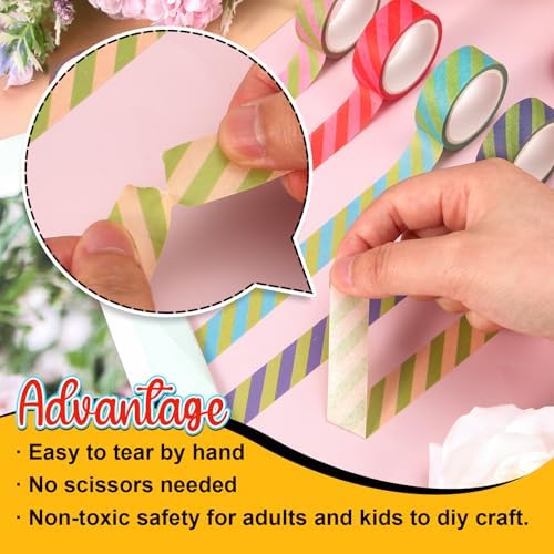 Whaline 12 Rolls Striped Washi Tape Masking Tape Set Colorful Cabana Stripe Decorative Wrapping Paper Tapes Boxed for Birthday Scrapbook Journal DIY Crafts