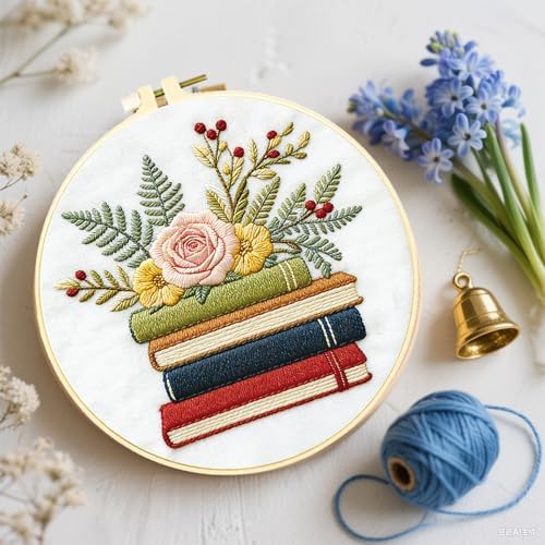 FREEBLOSS 4 Sets Embroidery Kit for Beginners Needlepoint Embroidery Starter Kit with Plants and Books Stamped Patterns, Instructions, Colored Threads, 2 Hoops 20cm/7.9inch