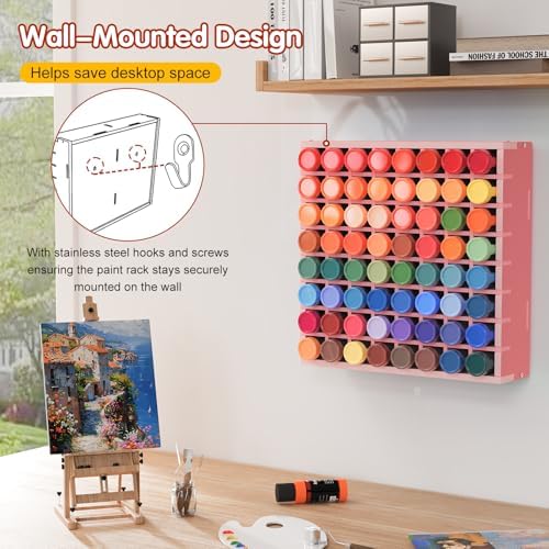 Krafetto 64-Grid Paint Organizer for 2 Oz Bottles, Wall Mount, Pink